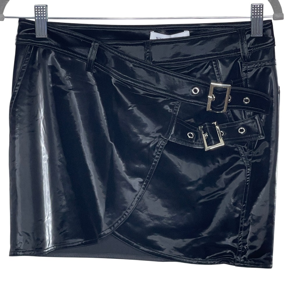 WeWoreWhat Wrap Mini Skirt‎ Patent Vegan Leather Buckle Detail Black XS